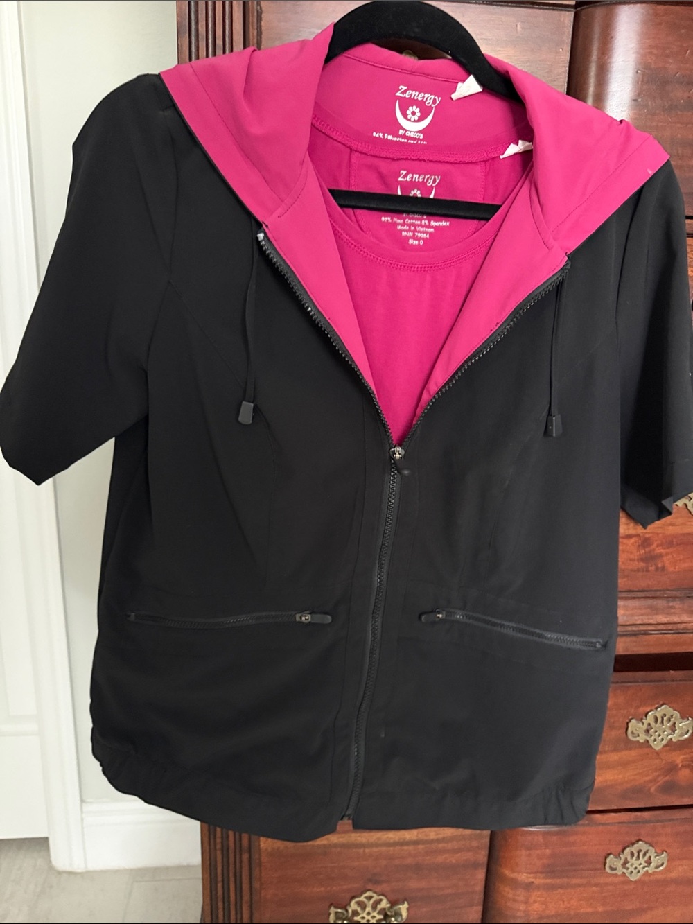 Women’s Black Jacket with Fuchsia Hood and Matching Tee
